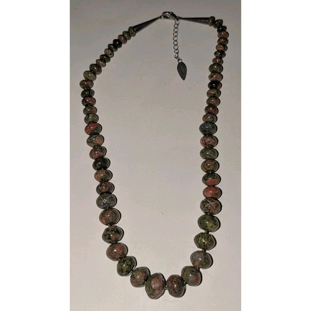 Coldwater Creek Graduated Unakite stone bead Heavy Silver Tone Necklace extender